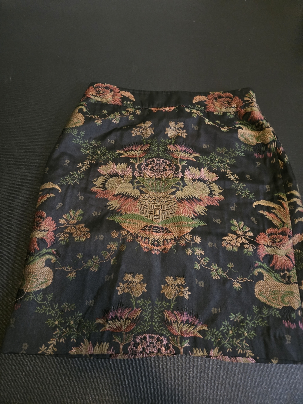 CAbi Black Floral Brocade Pencil Skirt with Pink, Gold and Green Accents